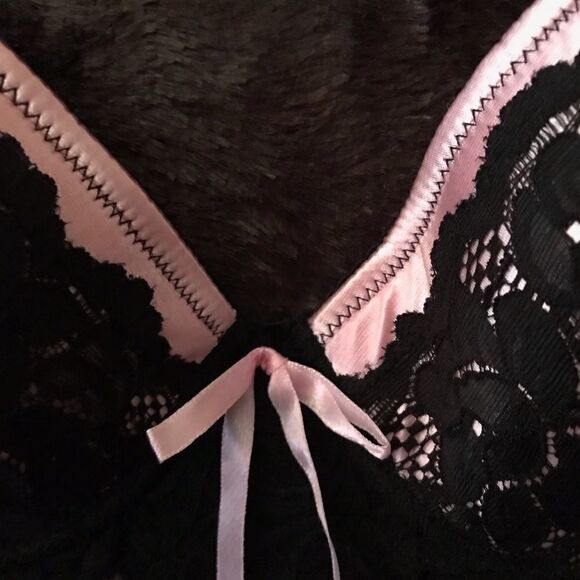 Pink Satin Trimmed Black Stretch Lace Slip NWT - Picture 6 of 7